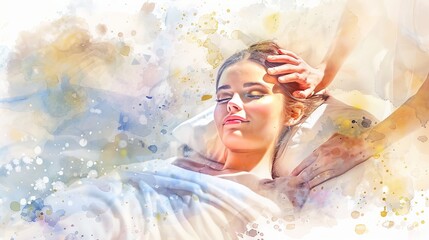 Artistic watercolor of a serene woman lying down with closed eyes, a masseuse's hands softly massaging her back in a light-filled spa salon