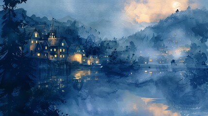 Artistic watercolor of a twilight village, the gentle glow of lights from windows creating a serene ambiance over the still bay