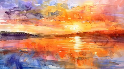 Artistic watercolor of the sky reflecting on a serene lake at sunset, vivid oranges and pinks giving a picturesque finish