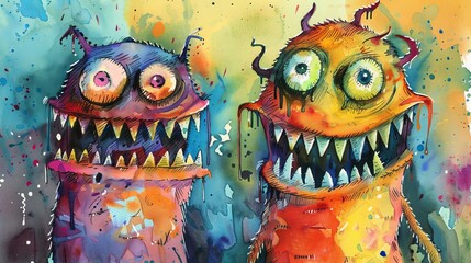 Artistic watercolor of two mischievous cartoon monsters, each with exaggerated features and bright colors, smiling broadly to reveal sharp teeth