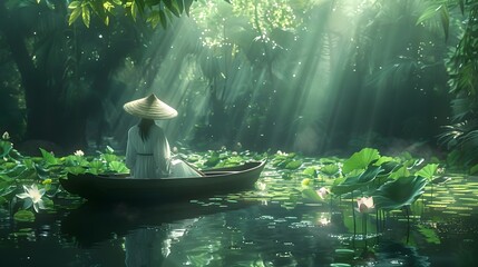 Serene Lotus Pond Voyage with Woman in Flowing Dress and Straw Hat