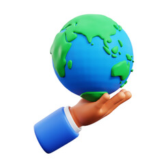 one person hand holding earth planet on palm for save planet ecology movement 3d icon illustration render design