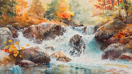 Delicate watercolor of cascading waters over rocks, bright autumn leaves adding a burst of color to the serene autumn landscape