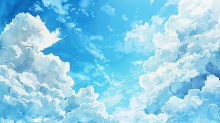 Fototapeta premium Delicate watercolor painting featuring soft, wispy white clouds drifting across a bright blue sky, evoking a sense of calm and wonder