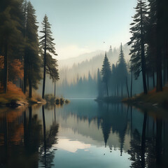 A digital art piece featuring a serene lake scene with reflections of towering trees and wildlife - generated by ai
