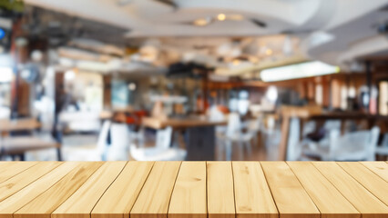 empty wooden table top and blur of room on a blur bright cafe decoration background. Generative Ai
