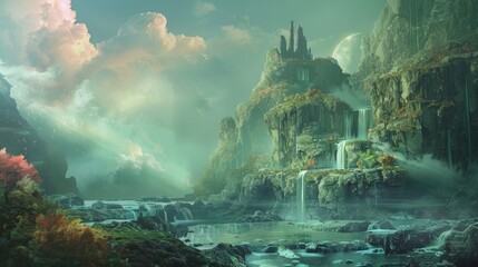 A surreal landscape blending elements of nature with fantastical features, creating an imaginative...