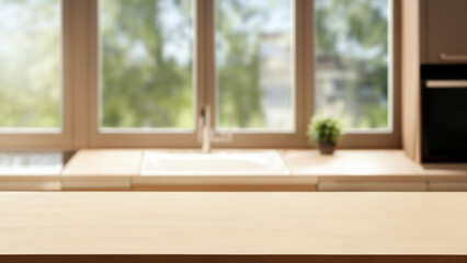 Fototapeta na wymiar Free space table top background on blurred kitchen window interior. Generative Ai