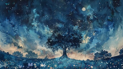 Dreamlike watercolor of a big tree stretching into a night sky full of stars, surrounded by flowers glowing under moonlight