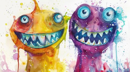 Detailed watercolor of two brightly colored monsters with big smiles, their eyes and sharp teeth adding a touch of friendly spookiness