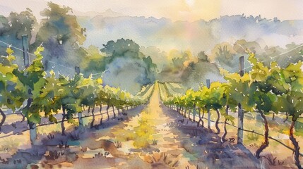 Naklejka premium Dreamlike watercolor of rows of grapevines bathed in the early morning sun, the mist creating a picturesque blend of light and shadow