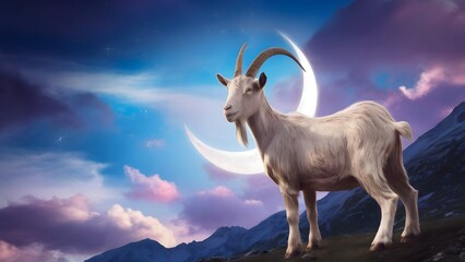 Fototapeta premium A Goat standing on a mountainside against a beautifully sky And crescent moon of Eid Mubarak, Eid al Adha Goat background with copy space to write eid mubarak quotes and wishes