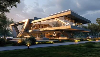 Obraz premium Experience modern architectural marvel with geometric design, featuring folded concrete planes and cantilevered roof overhang. 🏡✨ Embrace innovation in exterior aesthetics.