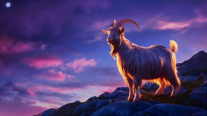 A Goat standing on a mountainside against a beautifully sky And crescent moon of Eid Mubarak, Eid al Adha Goat background with copy space to write eid mubarak quotes and wishes