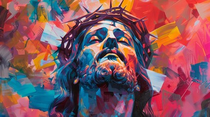 Abstract composition with bold color contrasts framing Jesus' figure