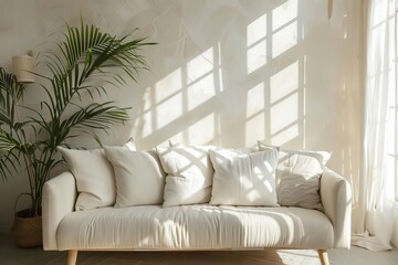 serene living room interior with white pillow mockup on sofa bathed in natural sunlight