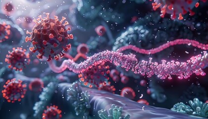 A digital animation showcasing how enzymes break down viral proteins in a 3D rendering of a cellular environment
