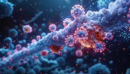 Obraz premium A digital animation showcasing how enzymes break down viral proteins in a 3D rendering of a cellular environment