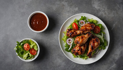 grilled chicken wings with salad and sauce