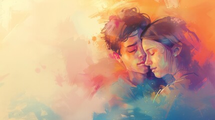 A painting of a man and woman embracing each other