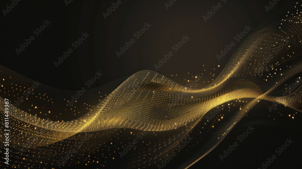 Poster abstract golden wave. shiny gold line design element with sparkling effect on dark background