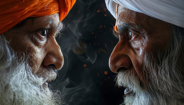 1947 India Partition, Face off of Angry muslim in white muslim cap and angry Hindu in orange