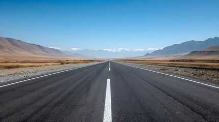 a highway road had a beautiful landscape background. The clean asphalt floor had white markings for advertising and travel or car concepts
