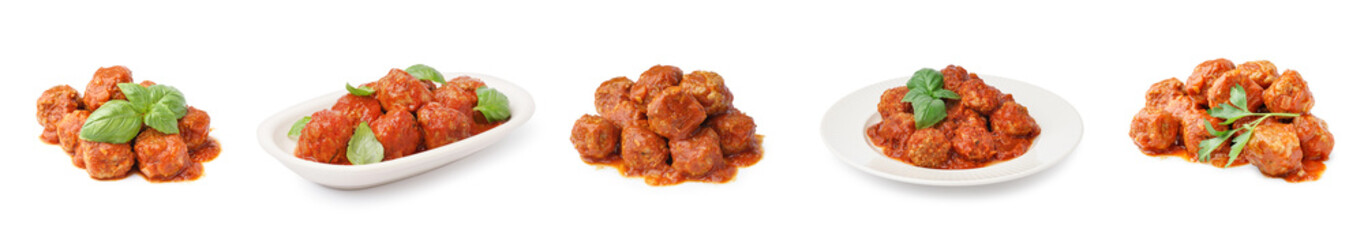 Set of tasty meat balls with tomato sauce on white background