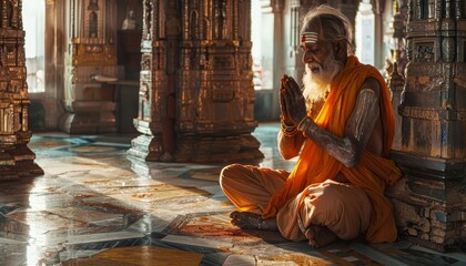 a hindu old man doing prayers in a temple