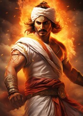 Fototapeta premium A Hindu warrior, wielding a sword, adorned with a saffron turban and white attire