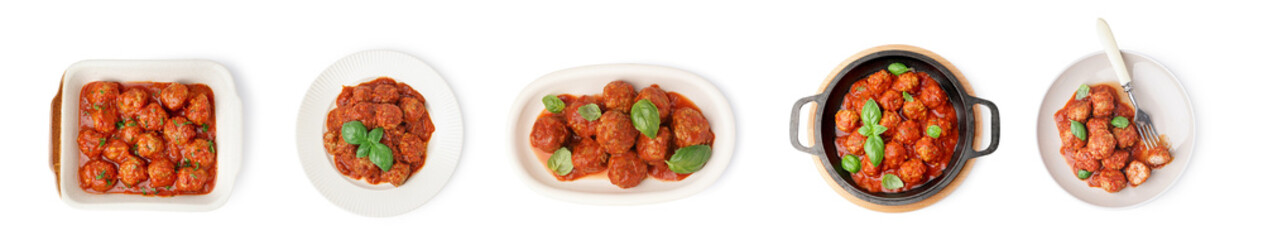 Set of tasty meat balls with tomato sauce on white background, top view