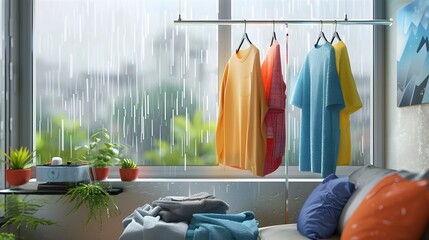 Rainy Day Clothing Display in Cozy Home Interior