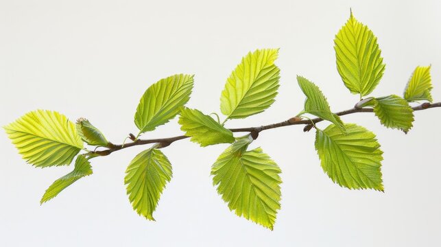 New green leaves from an elm tree set against a white background Tiny branch
