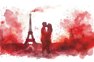 Red watercolor paint of couple in love kissing by the eiffel tower