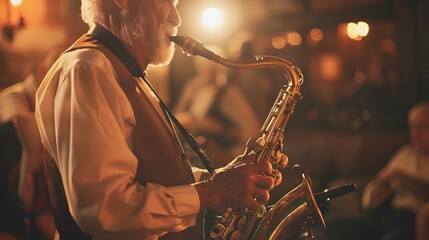 Intimate Jazz Club Scene with Spotlight on Elderly Saxophonist Performing for Audience