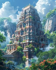 Obraz premium An ancient hindu temple hidden in a misty forest, soft morning light filtering through tall trees, blue sky, white clouds anime style