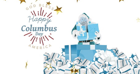 Image of happy columbus day text over santa and presents