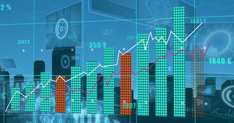 Image of data processing and scope scanning over cityscape on blue background