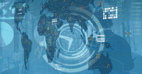 Image of digital interface and data processing over world map on blue background