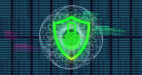 Image of head and globe with in seamless pattern over server room