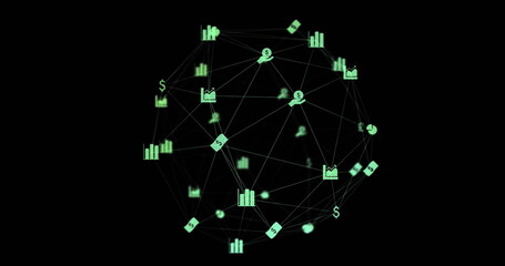 Composition of network of connections with icons and data processing on black background