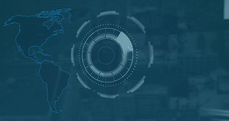 Image of digital interface and data processing over world map on blue background