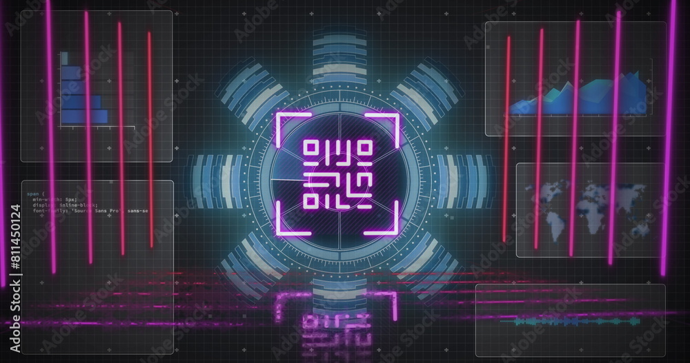 Poster image of gr code and data processing on digital screen