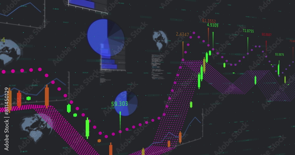 Poster image of multiple graphs, globes and numbers against black background