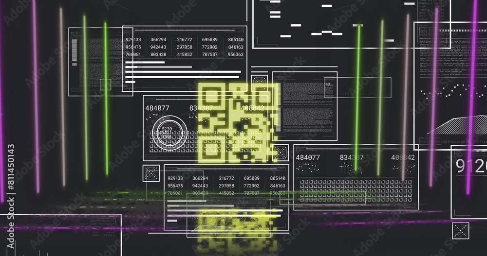 Poster image of qr code between lines, multiple numbers in squares and circles, graphs