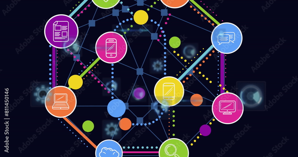 Wall mural image of colorful icons connected and forming hexagon shape over globe, circles and radar