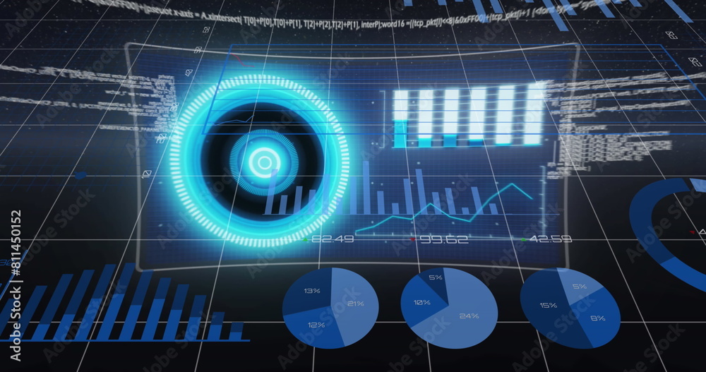 Poster image of graphs and data processing on screens in digital space