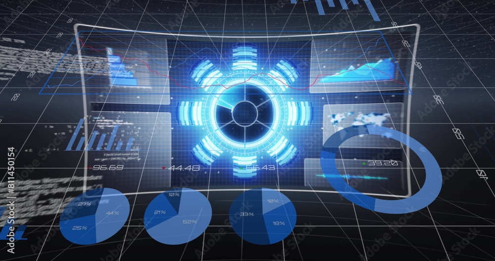 Poster image of graphs and data processing on screens in digital space