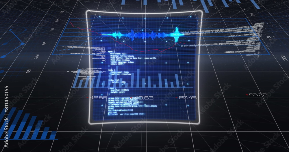 Poster image of graphs and data processing on screens in digital space