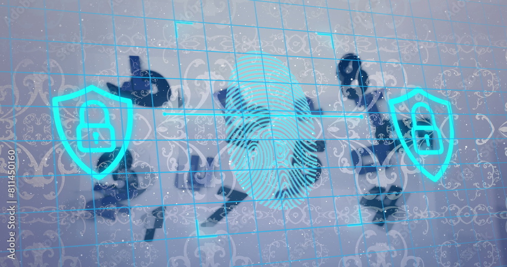 Poster image of scanning fingerprint, padlock in shield over multiple numbers against abstract pattern